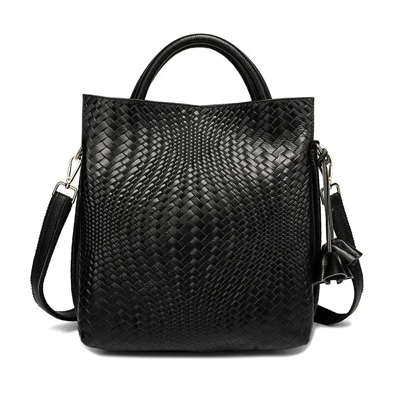 Women's handbag Simples Market black woven cowhide with top handle and detachable crossbody strap