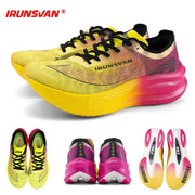 IRUNSVAN nylon carbon plate running shoes; neon yellow to pink gradient upper, black laces
