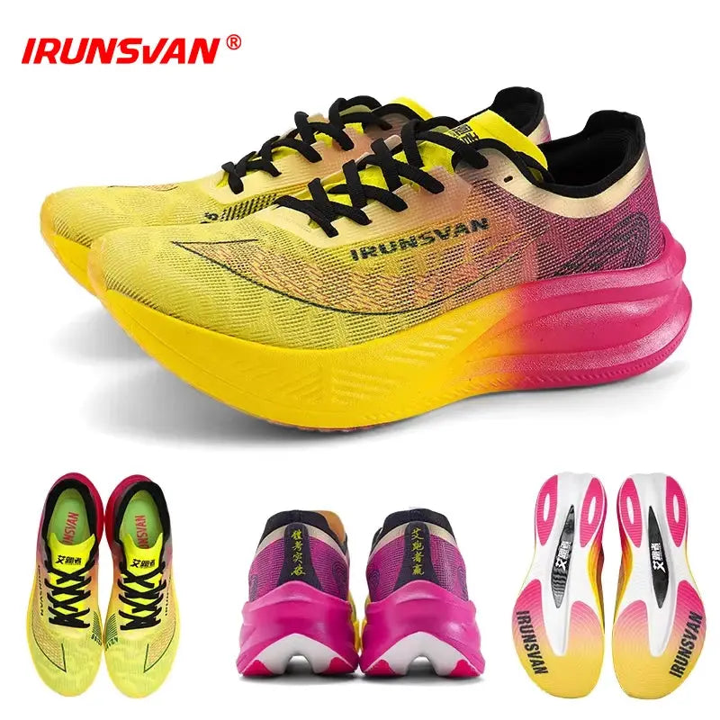 IRUNSVAN nylon carbon plate running shoes; neon yellow to pink gradient upper, black laces