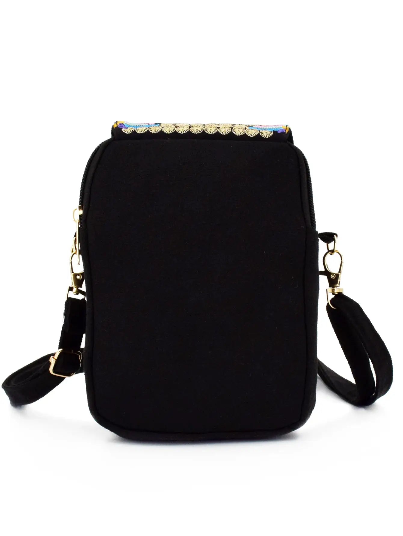 Stylish black canvas crossbody phone bag with zipper, compact size, gold hardware, and colorful embroidered trim