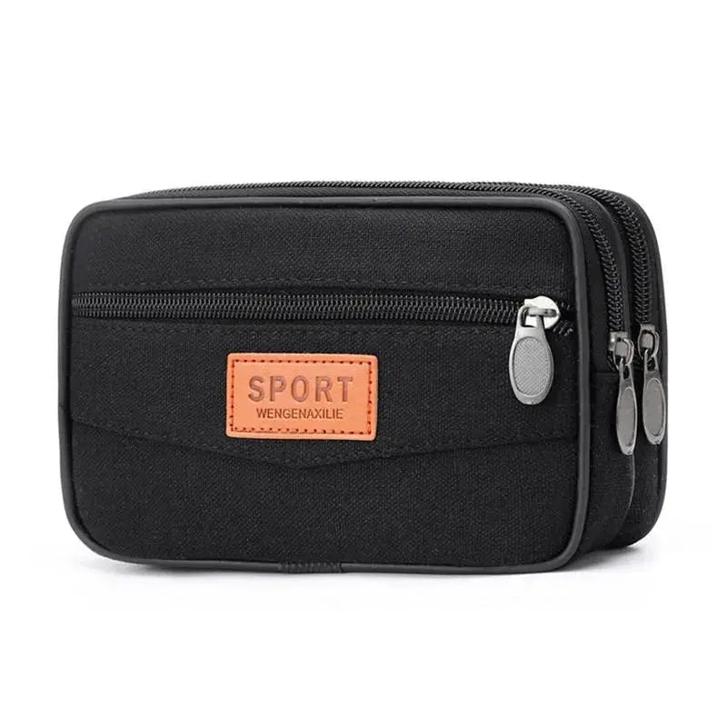 Men's waist bag by Simples Market, black nylon tactical bum pouch with dual zippers and orange patch label.