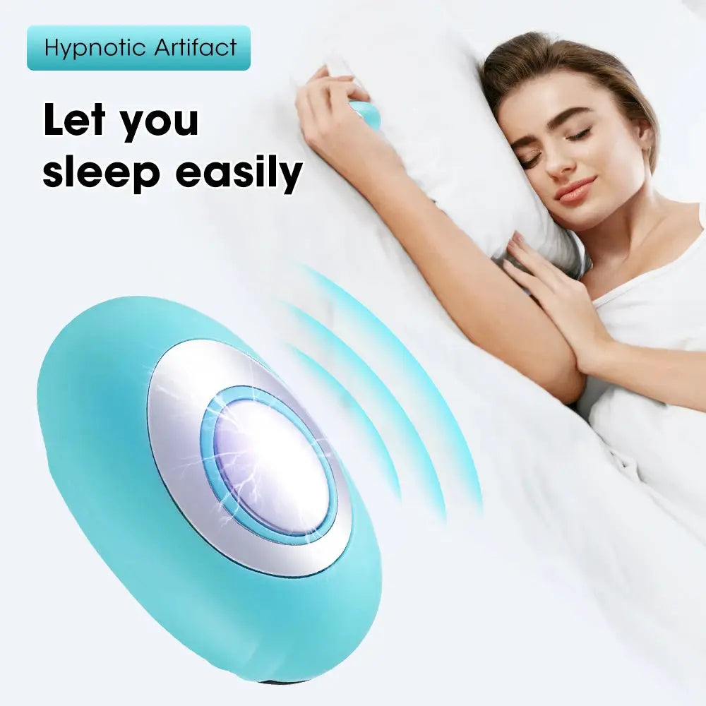 Turquoise handheld sleep-aid device with a silver circular head shown beside a sleeping woman