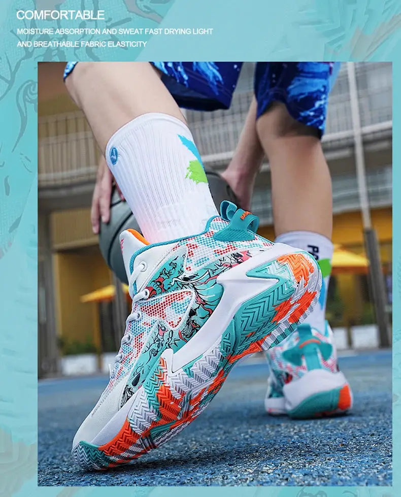 Men's running sneakers with teal and orange multicolor mesh upper; two sneakers shown.