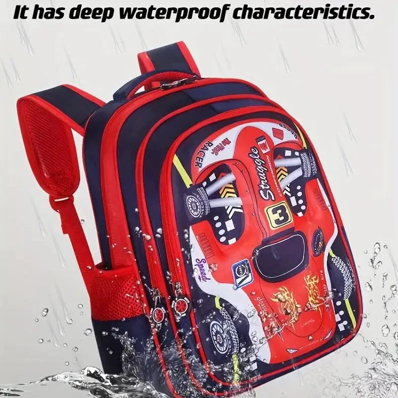 Waterproof lightweight 3D car backpack for kids, red and blue with Simples Market branding.