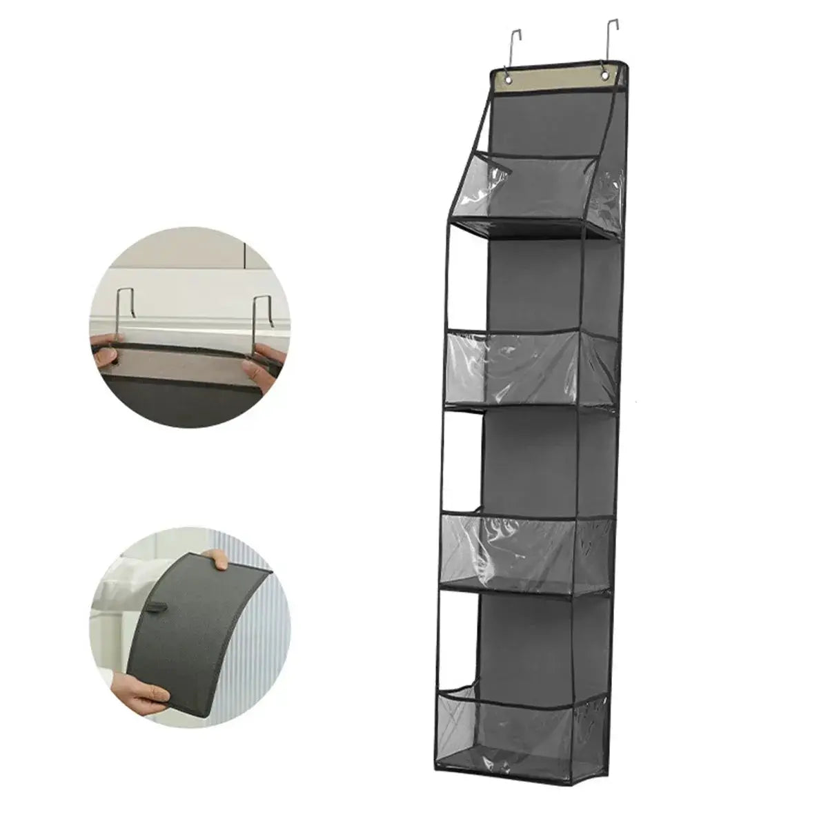 Simples Market hanging fabric storage organizer with six gray pockets and clear panels for behind-the-door closet storage