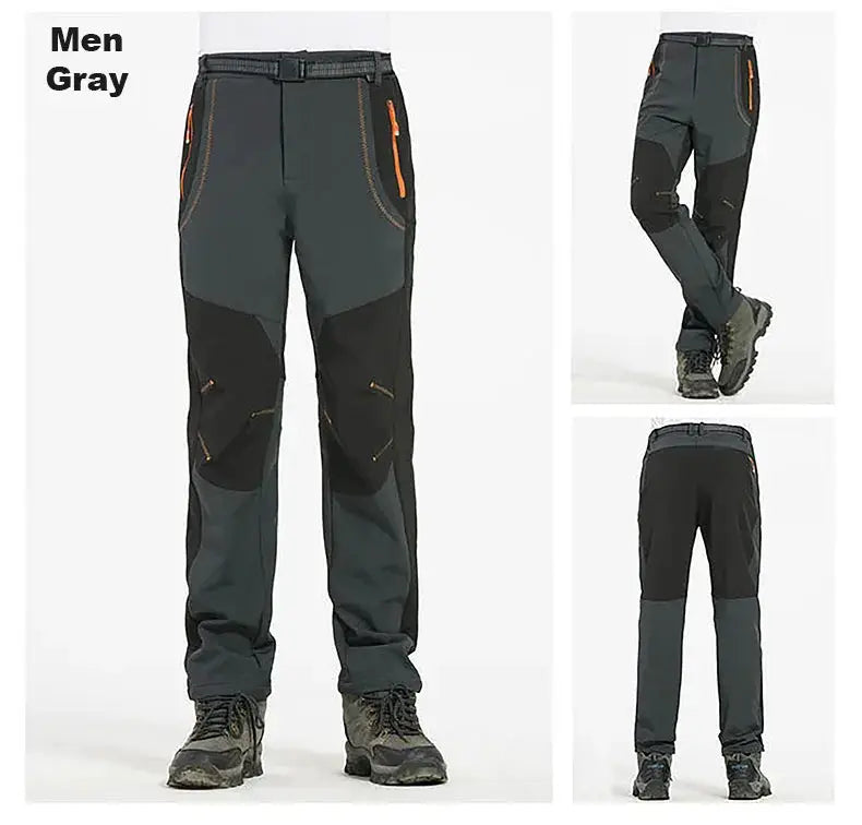 JNLN men's gray hiking pants by Simples Market; waterproof, windproof soft-shell trekking trousers with orange zippers