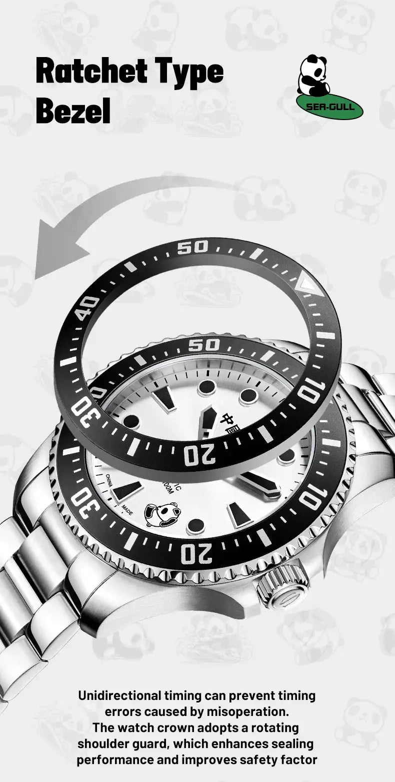 Sea-Gull rolling panda 200m diving watch, stainless steel bracelet, black rotating bezel, automatic movement
