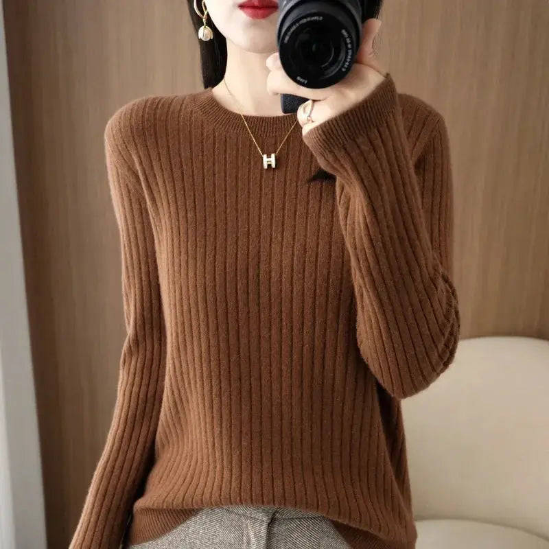 Aurora Knitwear Warm O Neck Stripe Loose Fit Sweater For Autumn Winter Layering Cozy Knit