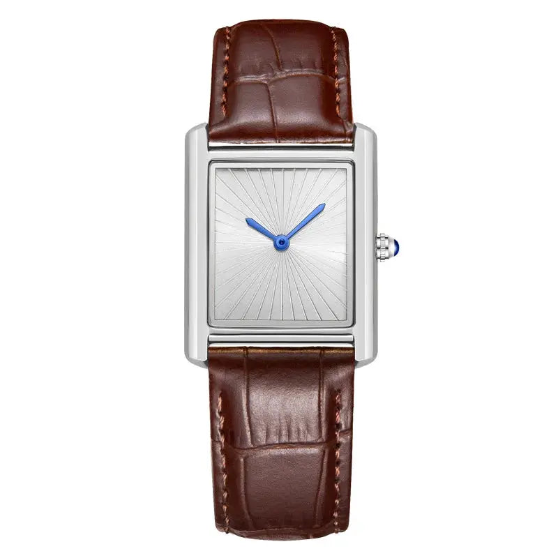 New classic square watch with brown leather strap, blue hands and sunburst dial