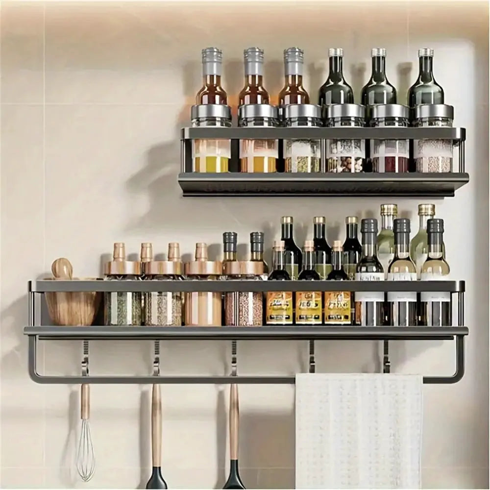 Simples Market wall-mounted two-tier rod seasoning rack in dark metal with bottle, jar storage and utensil hooks.