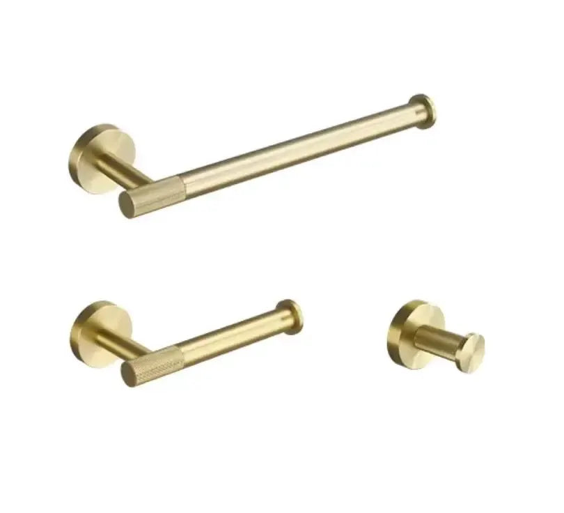 Three-piece brushed gold knurled brass bathroom hardware set: two towel bars and a wall knob