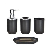 4-piece bathroom set in black-gray plastic including soap dispenser, toothbrush holder, cup and soap dish