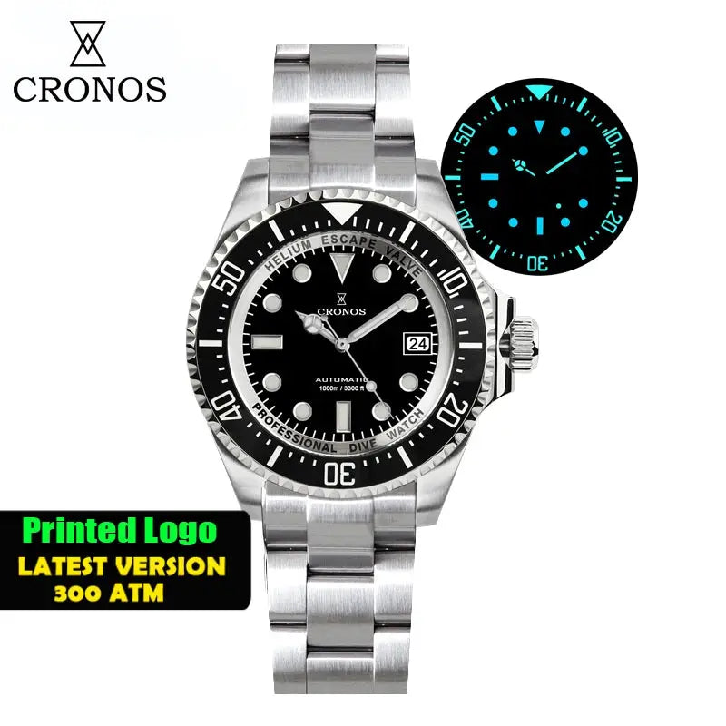 Cronos automatic diver watch with stainless steel bracelet, black dial and luminescent markers