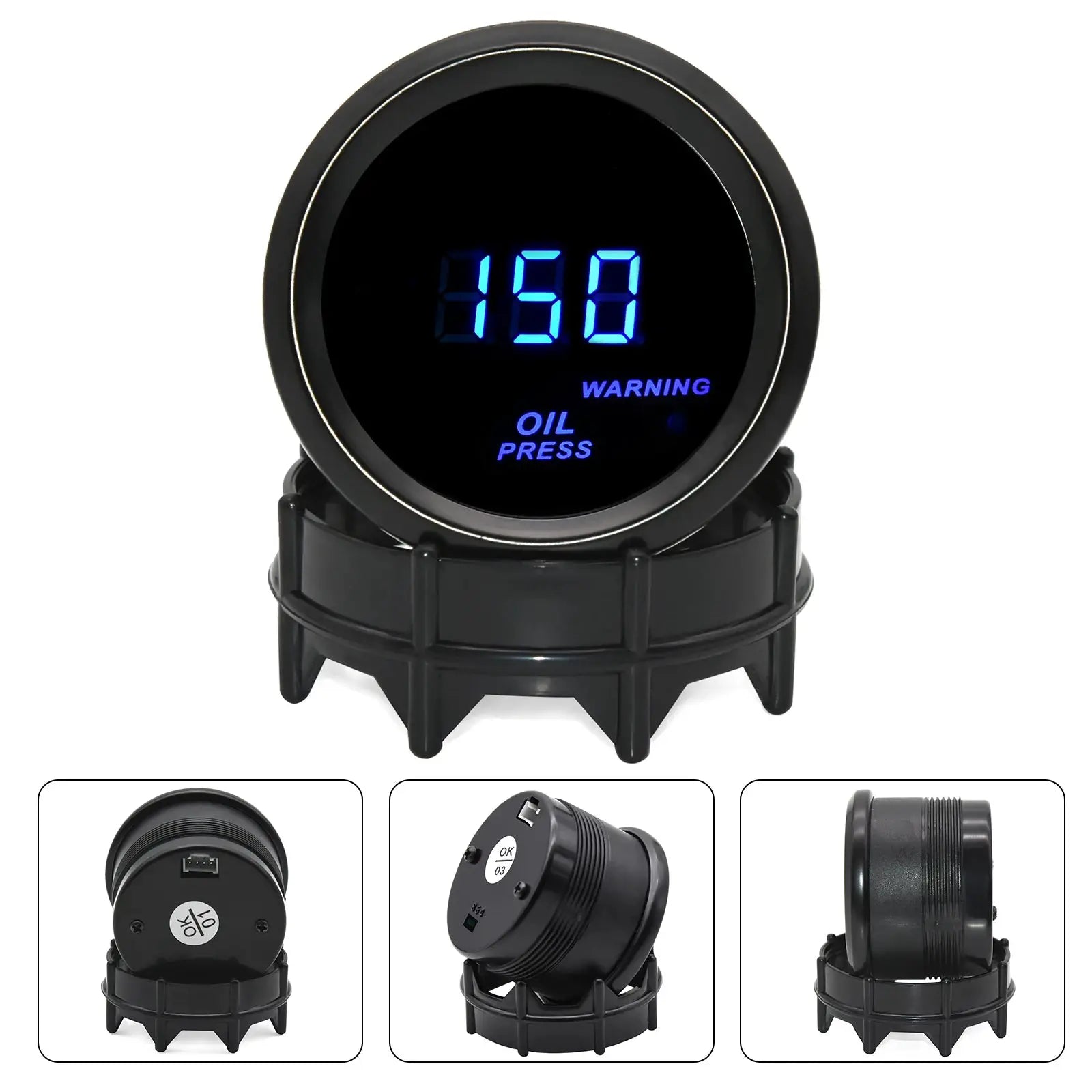 Oil pressure gauge by Simples Market, round black 52mm (2-inch) unit with blue LED display