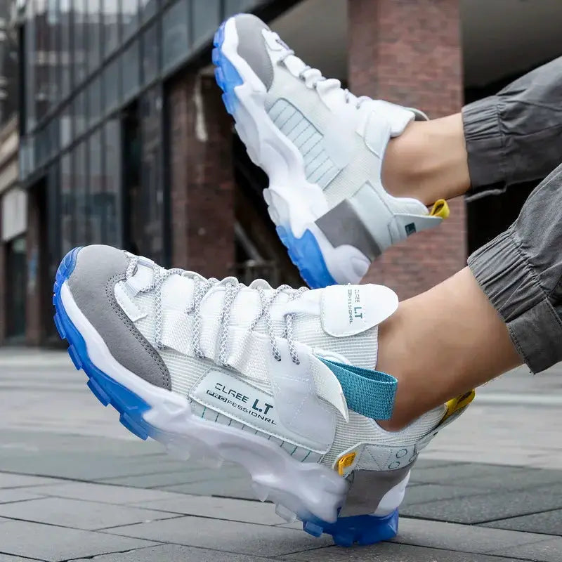 Men's sneakers Simples Market white gray breathable mesh upper with blue rugged outsole for style and comfort.