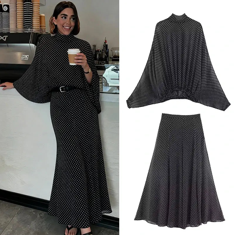 Polka Dot Two Piece Outfits For Women Bow Tie Blouse And Midi Skirt