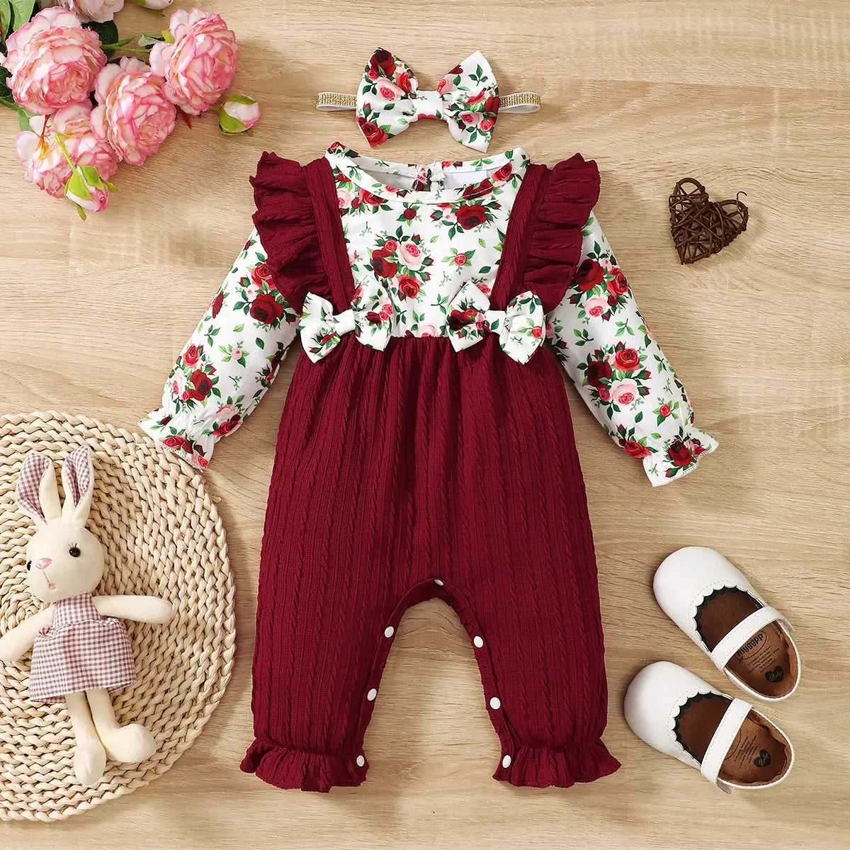 0-18 Months Floral Long Sleeve Baby Girl Romper With Bow Bodysuit And Headband Set For Spring And Autumn