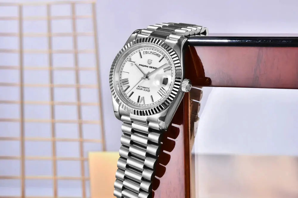 PAGANI DESIGN men's automatic wristwatch in stainless steel with white dial and fluted bezel
