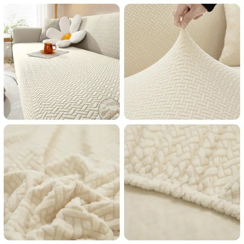 Jacquard sofa cover by Simples Market; cream elastic thick-knit for L-shaped living-room sofas, 1–5 seater.