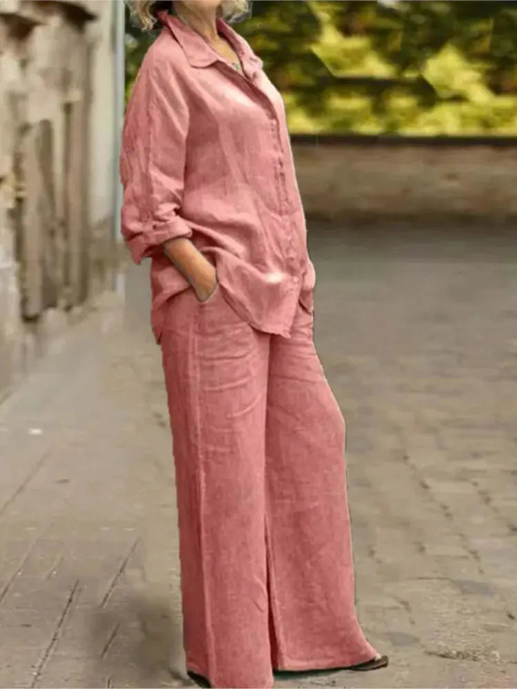 Cotton Linen Shirt Two Piece Set For Women With Wide Leg Trousers