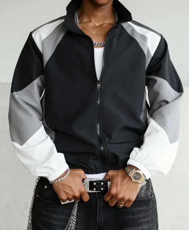 Men's color-blocked windproof jacket by Simples Market, lightweight black with gray/white sleeves.
