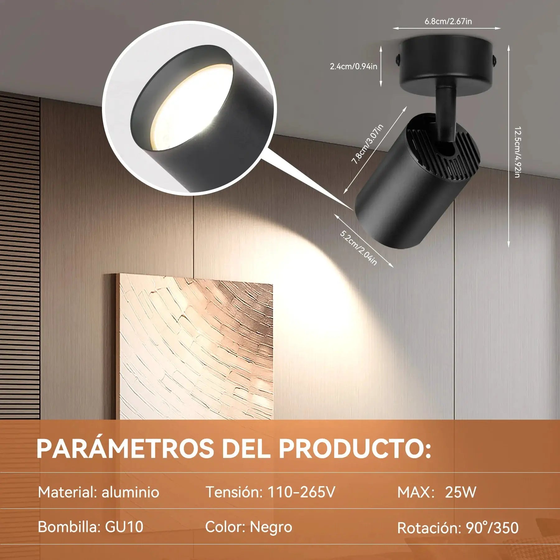 LED ceiling spotlight lamp by Simples Market, black aluminum GU10 with adjustable head
