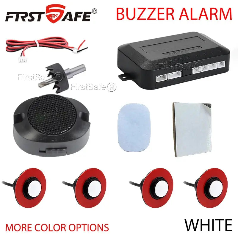 FirstSafe parking sensor kit 12V with 4 red round sensors, black control module, buzzer and wiring