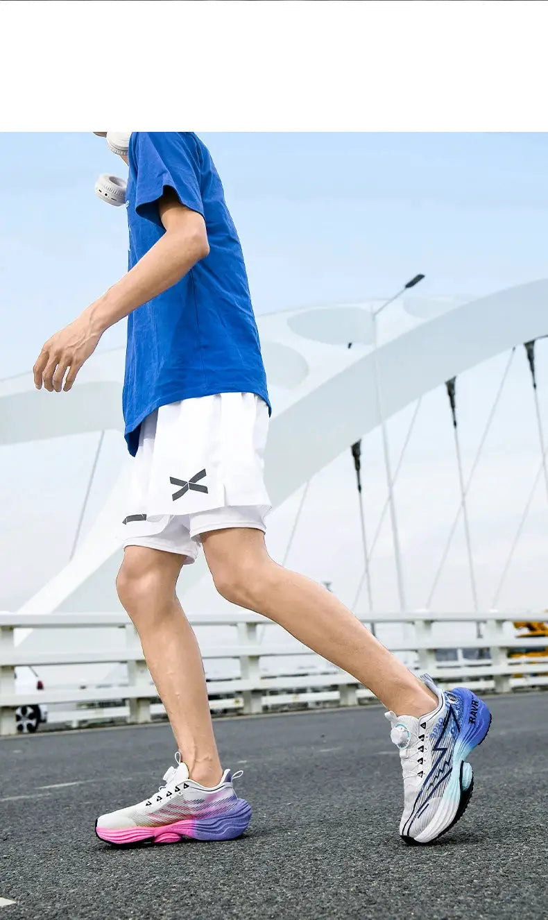 Men's running shoes with gradient white-to-pink-to-blue cushioning carbon-plate design.