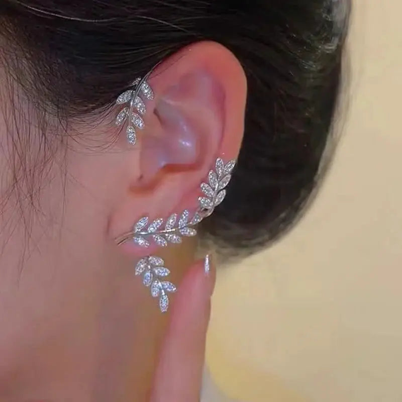 Silver-plated leaf clip earrings and ear cuff with zircon crystals for women