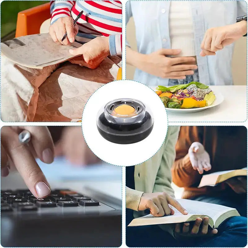 Round black money-counting tool with an orange center; compact finger-wet device for cash handling.