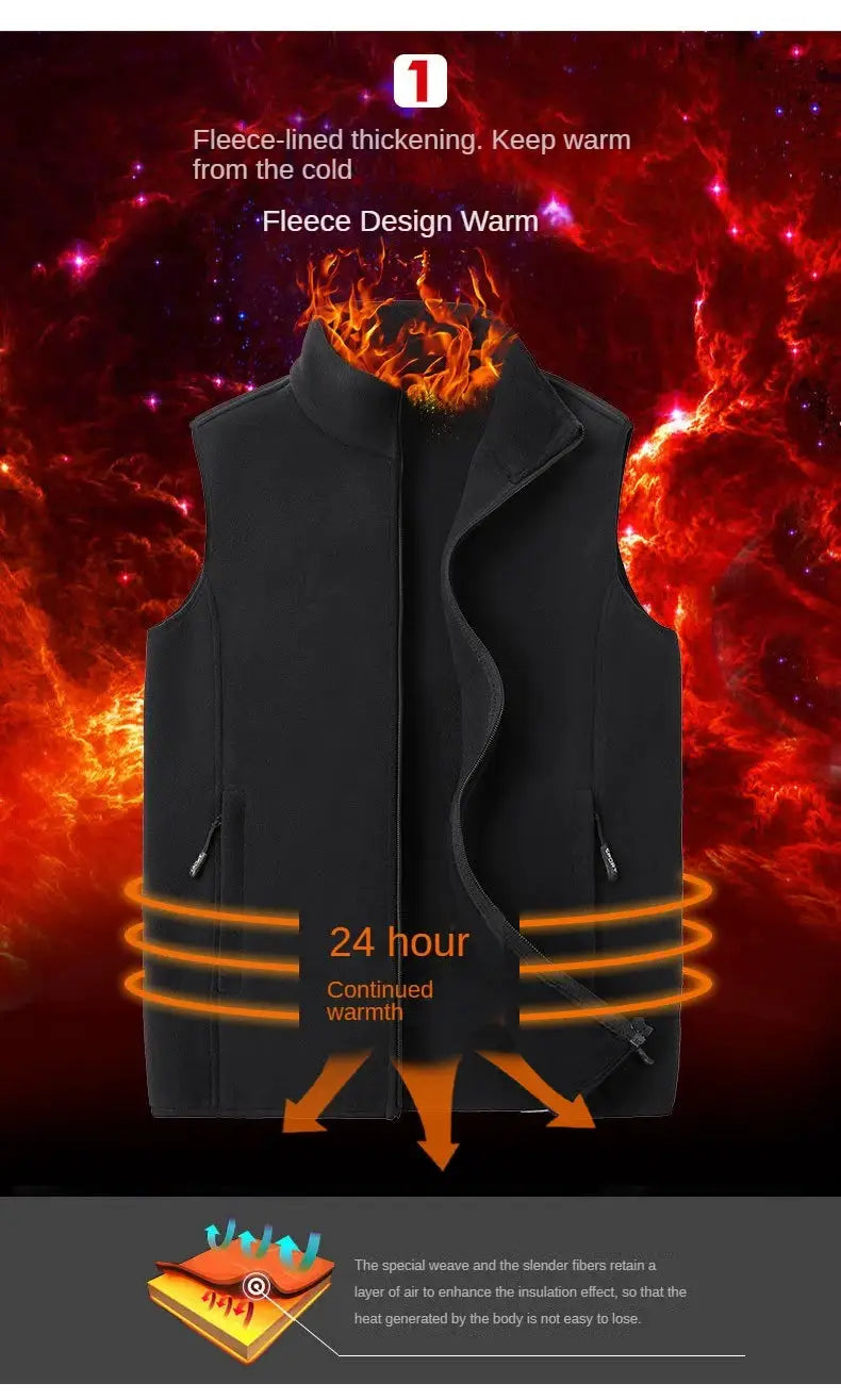 Plus-size men's fleece vest waistcoat in black, sleeveless outerwear for autumn and winter