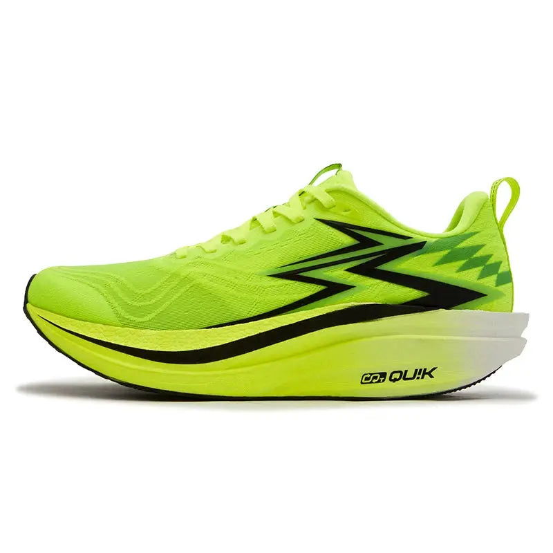 Men's neon lime running shoe with black zigzag side graphic and thick midsole