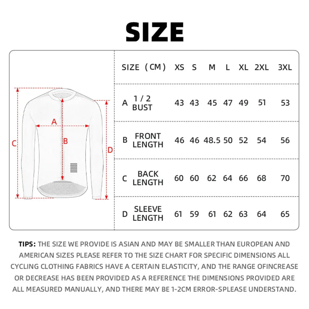 Men's cycling jersey size chart showing bust, front length, back length, and sleeve length for XS–3XL