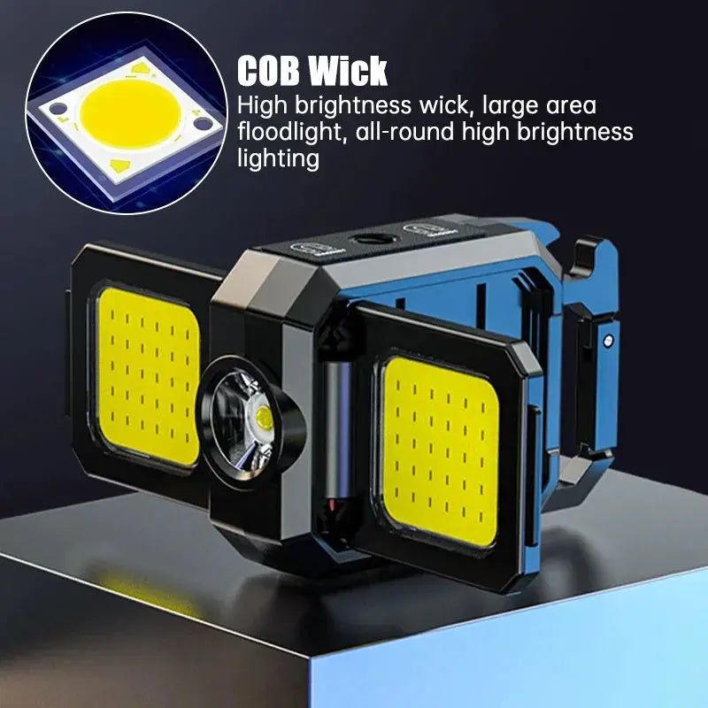 Mini flashlight keychain light with blue-black dual COB work lights, USB rechargeable, foldable 90-degree side panels