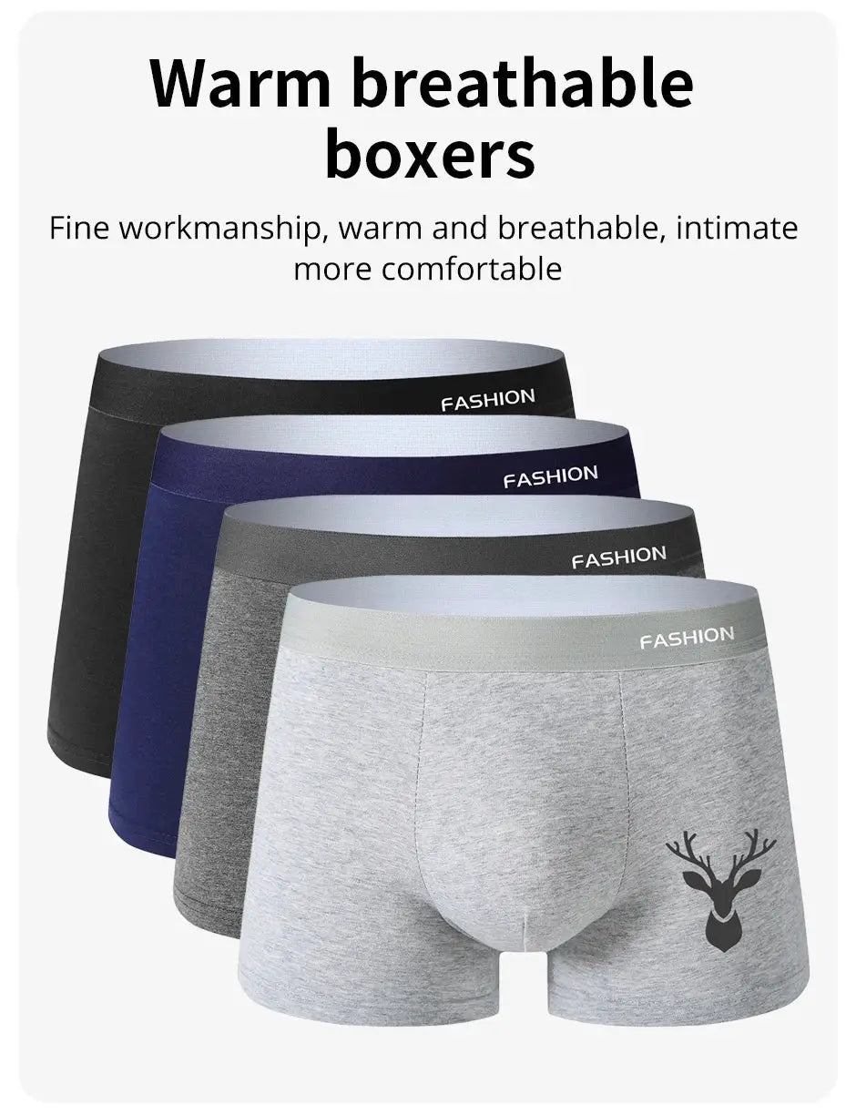 4-pack men's boxer briefs in assorted colors with a deer logo; soft breathable fabric