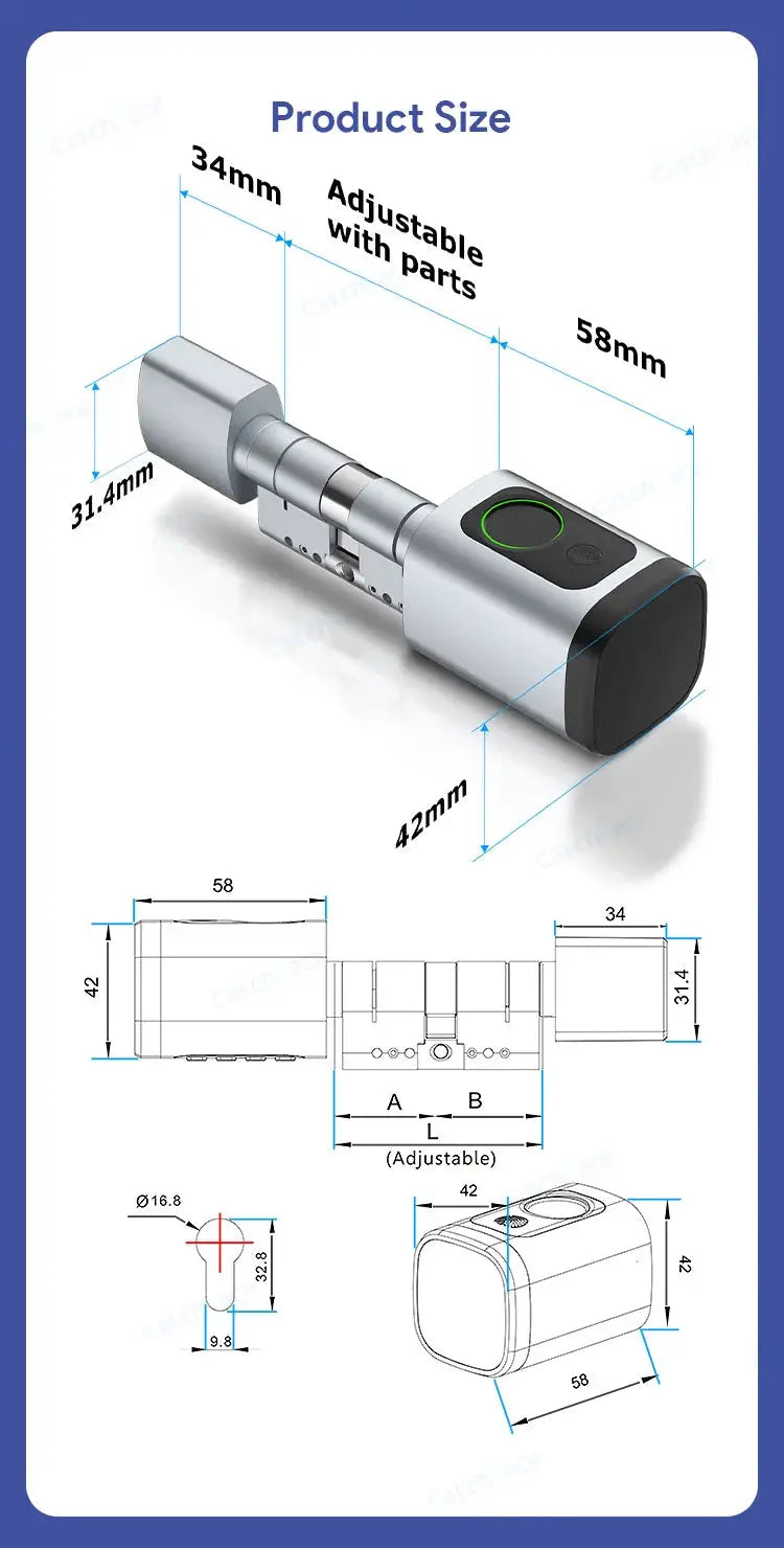 V1 Pro+ smart door lock cylinder in silver metal with fingerprint, RFID and password access via Tuya/TTLock app