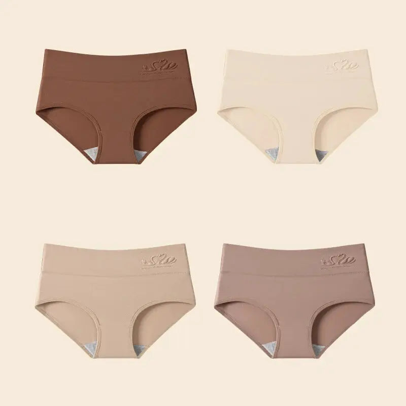 Simples Market 4-pack high-waist cotton body-shaper panties for women in brown, ivory, beige, and mauve.