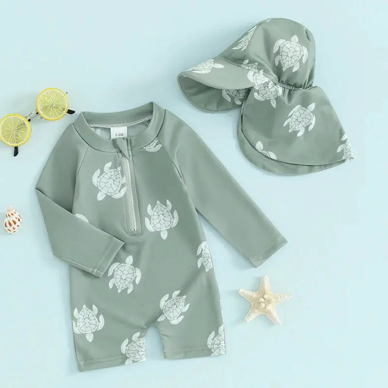 Tregren Toddler Boys Rash Guard Swimsuit Long Sleeve Turtle And Dinosaur Print Bathing Suit With Swim Caps Beachwear