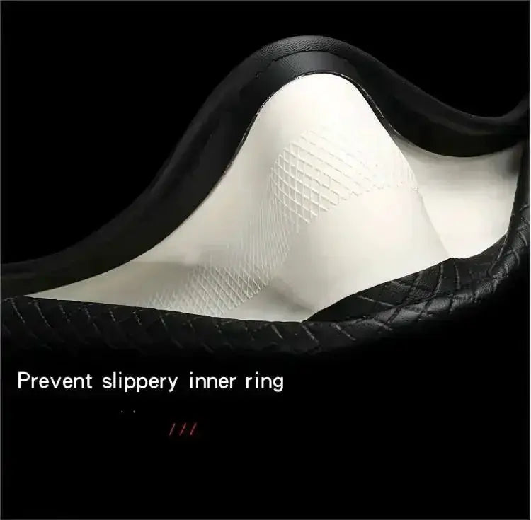 Car steering wheel cover microfiber leather, black outer with white textured inner grip, 38cm non-slip