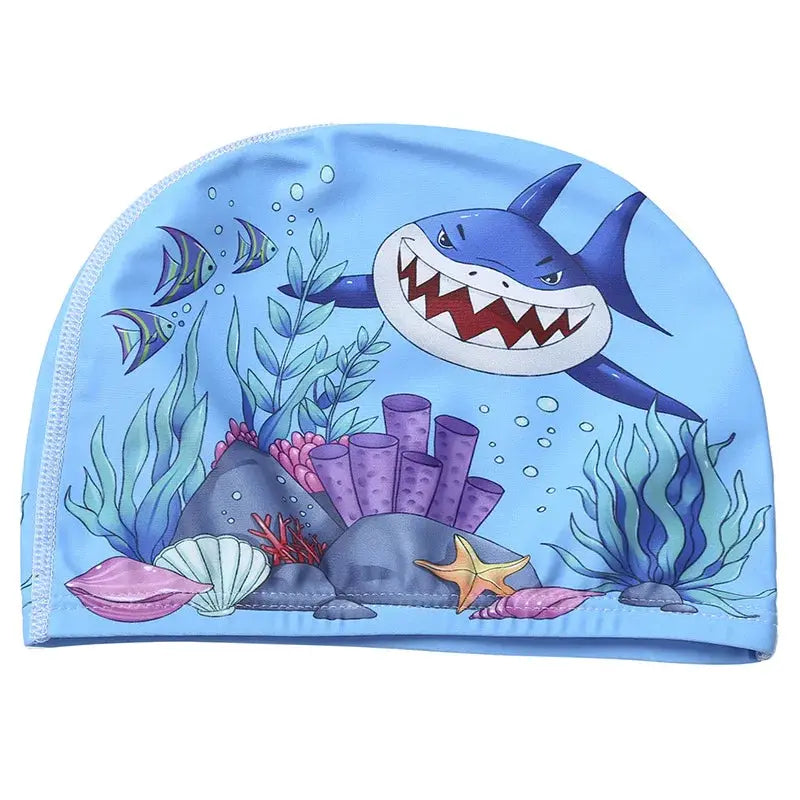 Kids Cartoon Swim Cap Elastic Fabric Pool Water Sports Ears Protection Hat Bathing Cap Boys Girls