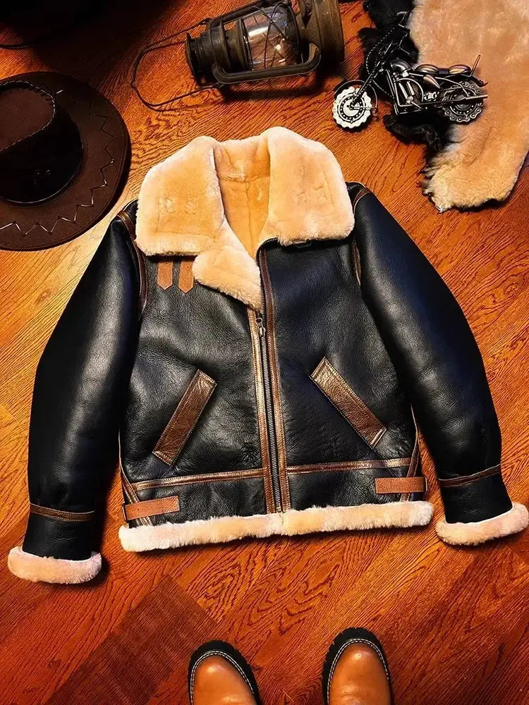 B3 shearling bomber jacket in black leather with beige fur collar and cuffs