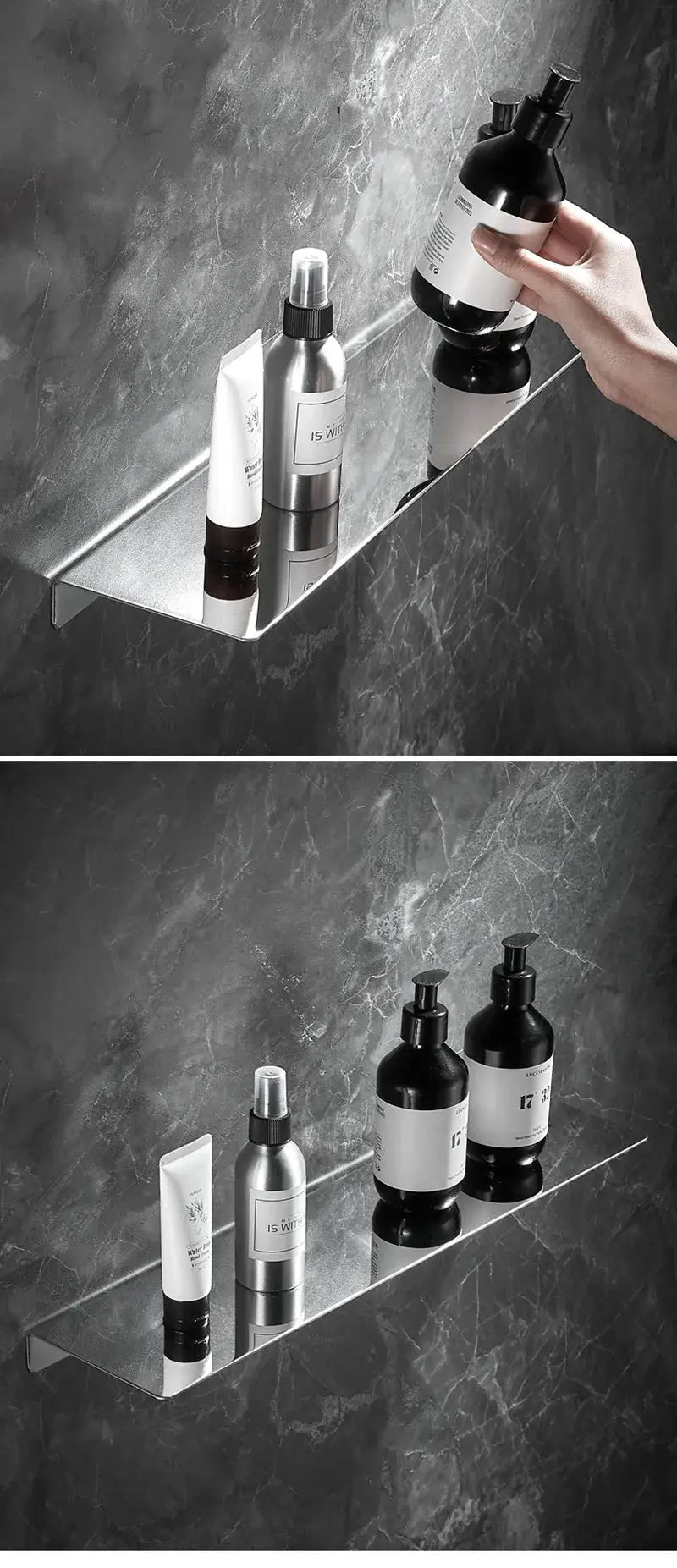 Simples Market 304 stainless steel brushed chrome corner shower rack with four toiletries on marble bathroom wall.