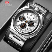 MINI FOCUS stainless steel chronograph watch for men with white dial, black subdials and orange hands