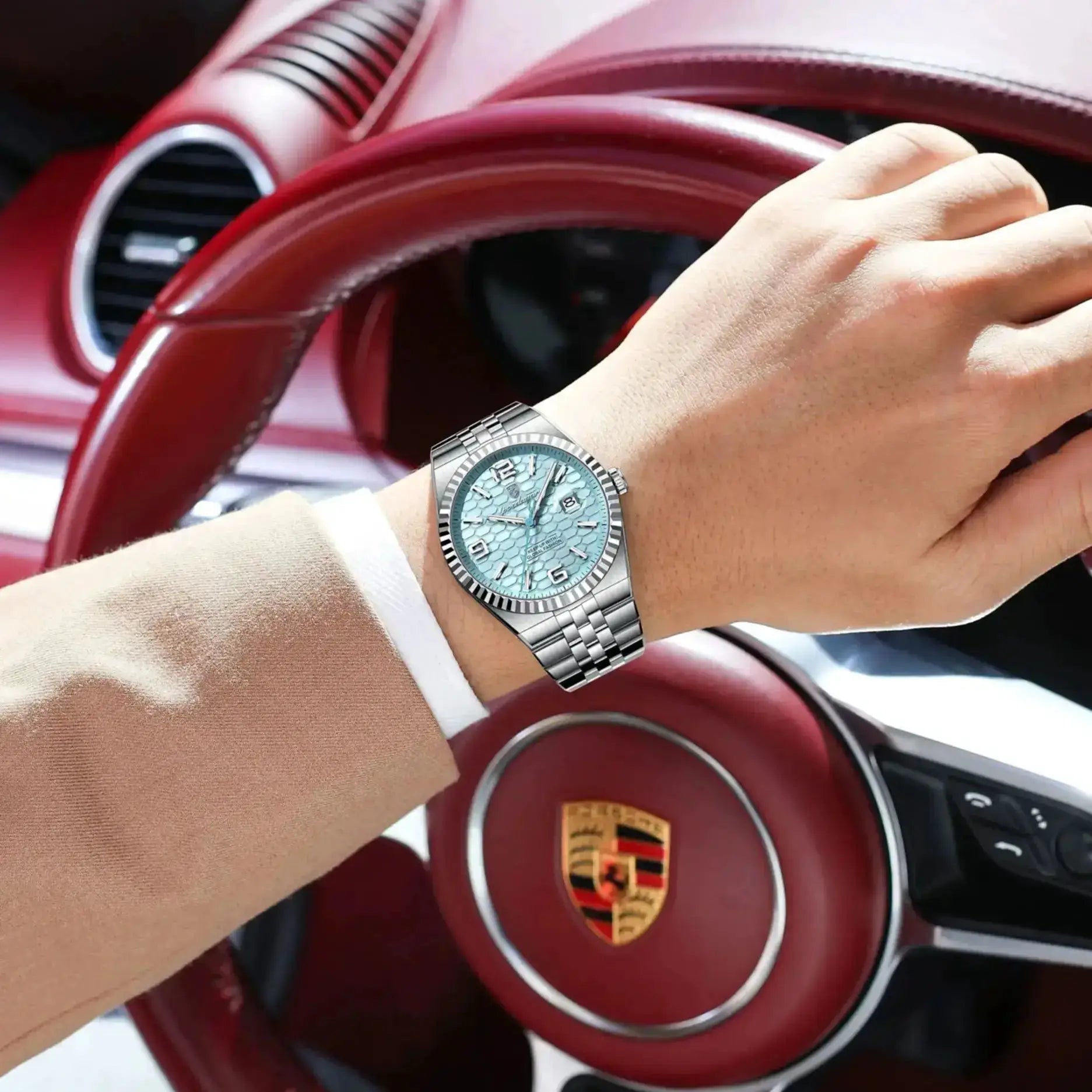 Men's stainless steel bracelet watch with turquoise textured dial and date window