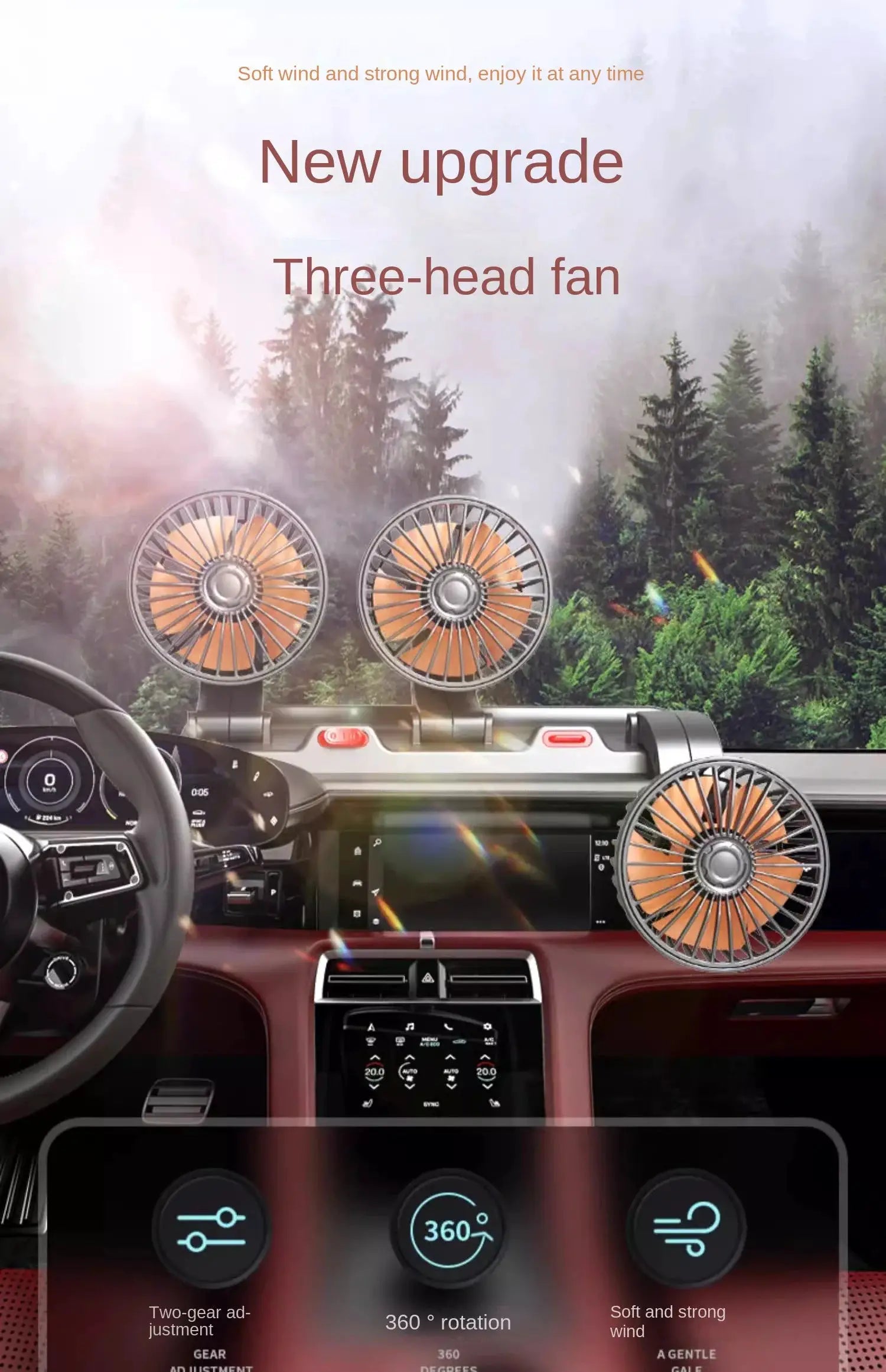 Three-head car fan with orange blades and metal cages mounted on the dashboard, 360° rotation