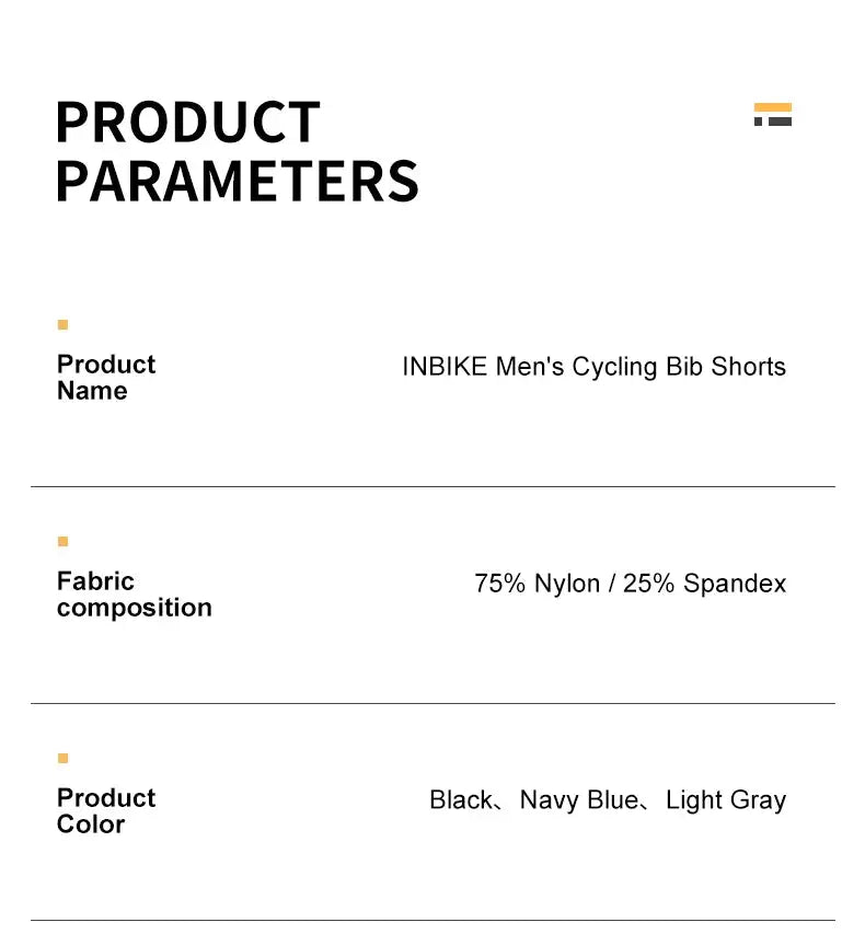 INBIKE Men's MTB cycling bib shorts by Simples Market in black, navy blue, light gray; 75% nylon / 25% spandex.