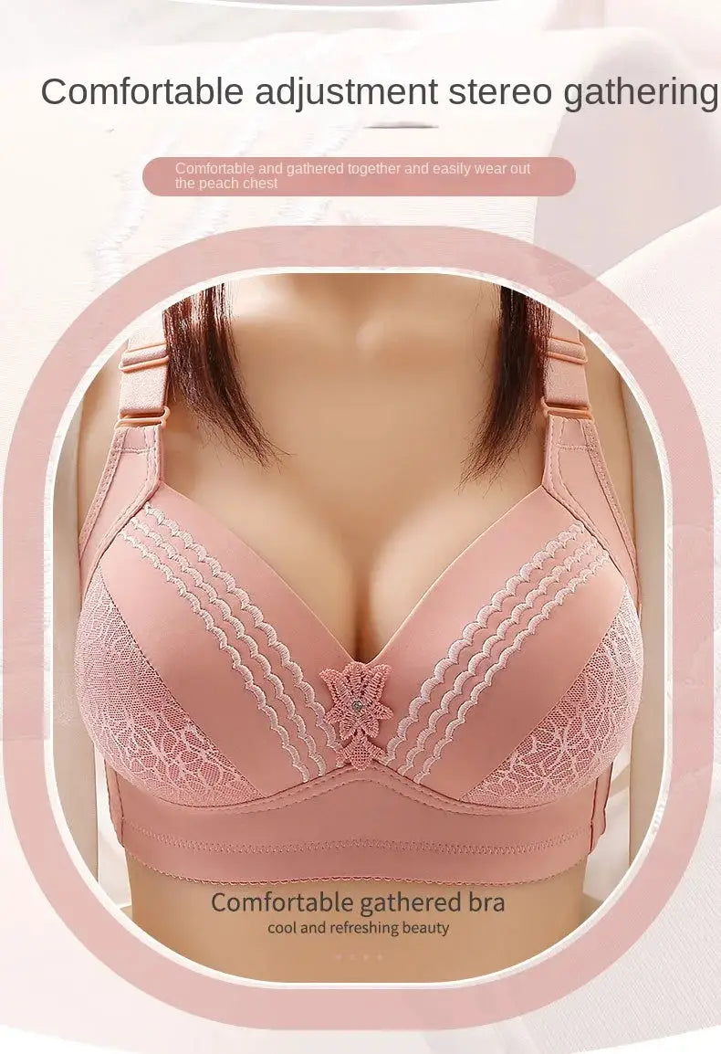 Bra pink lace-front with gathered cups and wide straps, no underwire