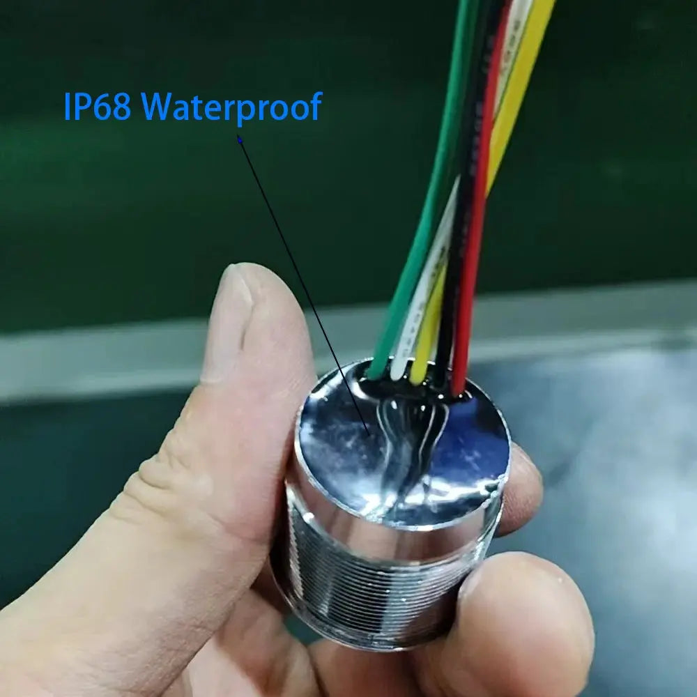 Infrared touchless exit button switch, Simples Market, 12V, chrome metal housing, multi-color wiring, IP68 waterproof