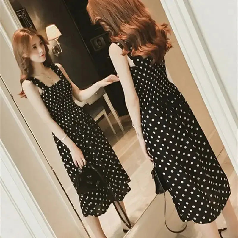MarinaGrace Summer Polka Dot Sleeveless Chiffon Long Dress With Elegant Square Neck And Flowy A Line Fit