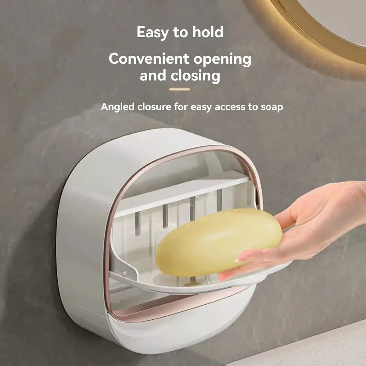 Simples Market waterproof soap box for shower; hanging soap holder with drainage, white with rose-gold trim.
